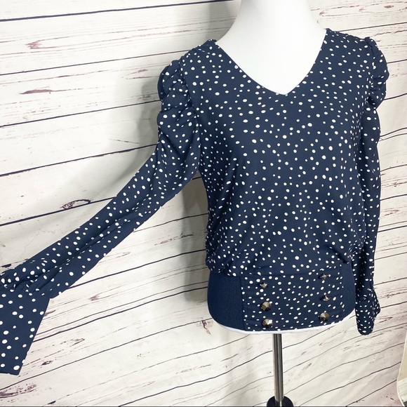 Carmen Marc Valvo Navy Blue & White Polka Dot Puff Sleeve Blouse Top Size Small - Picture 7 of 10